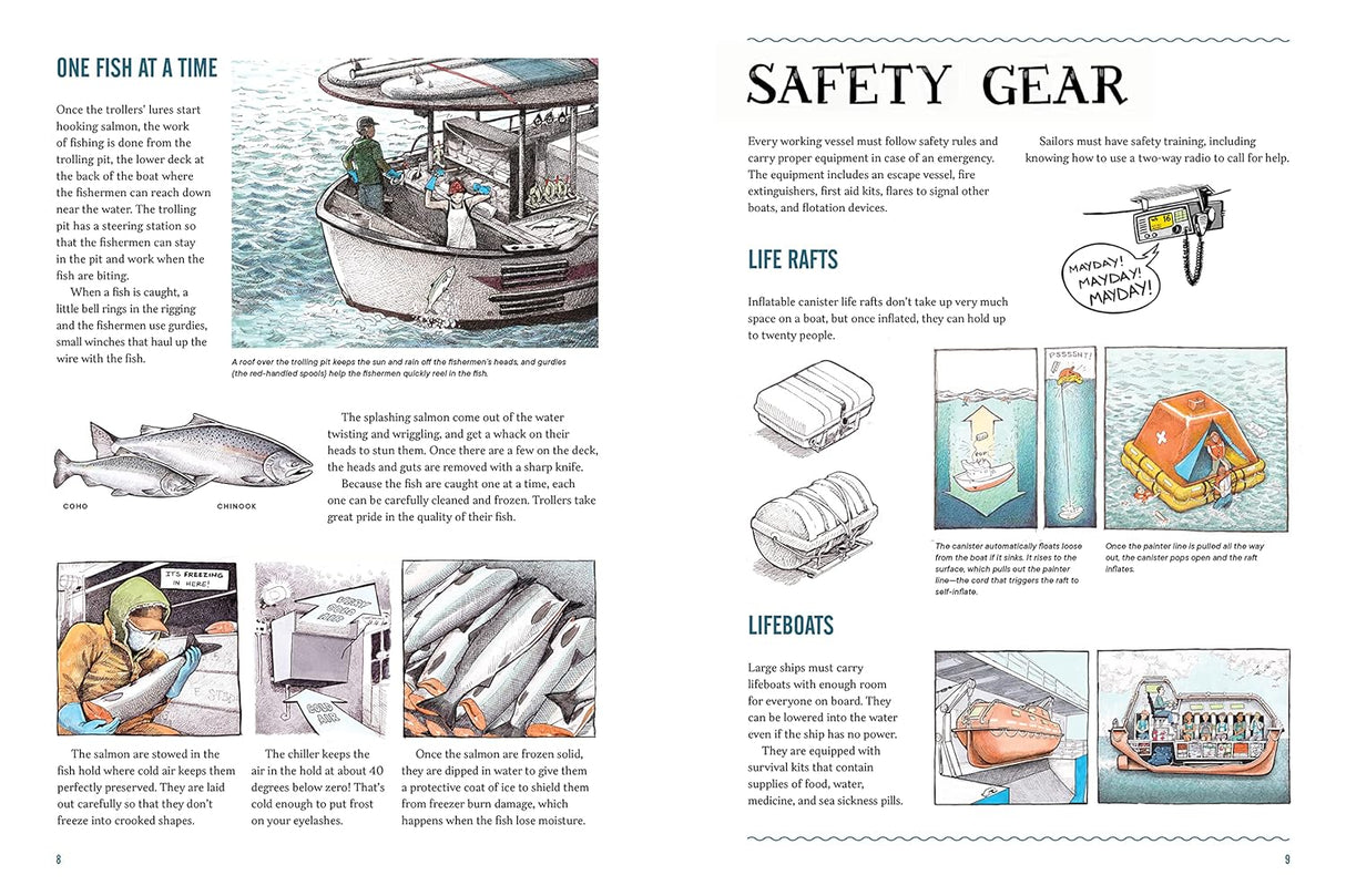 Working Boats book showing detailed illustrations of fishing boat life, safety gear, and working boat mechanics for children.