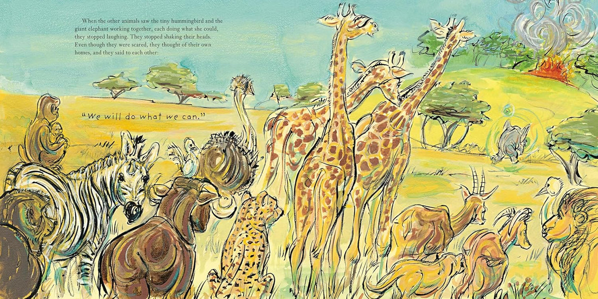 Illustration from The Littlest Drop showing diverse animals united in a savanna landscape near a distant fire.