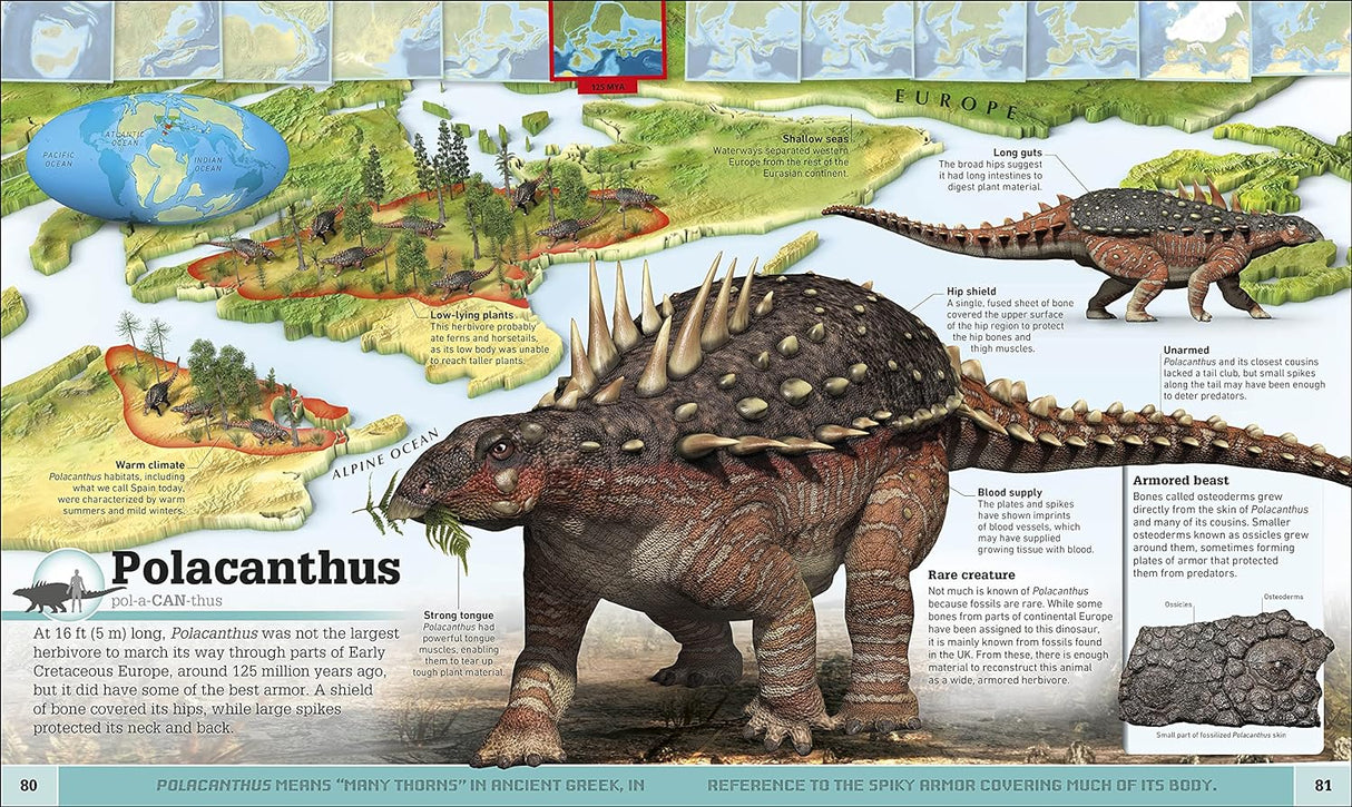 Detailed illustrated page from the Smithsonian Dinosaur Atlas showing a Polacanthus dinosaur and facts on a prehistoric map background.