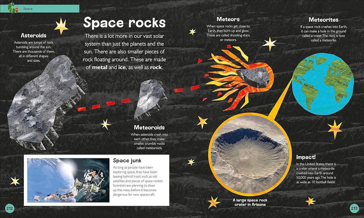 Very Hungry Caterpillar's Very First Encyclopedia showing colorful space rocks with illustrations and educational facts for kids.