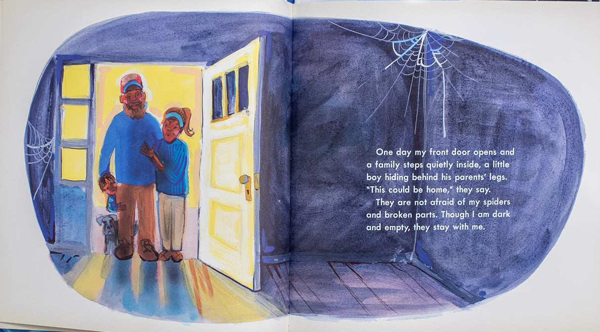 The Lantern House showing a family entering a warm home with light shining from the open door and cobwebs inside.