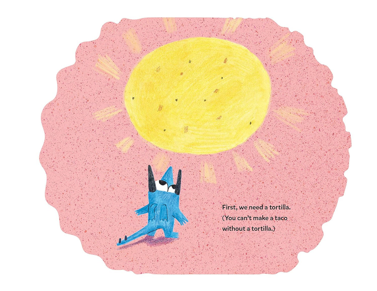 Illustration from Dragon's First Taco showing a blue dragon and a large yellow tortilla on a pink background.