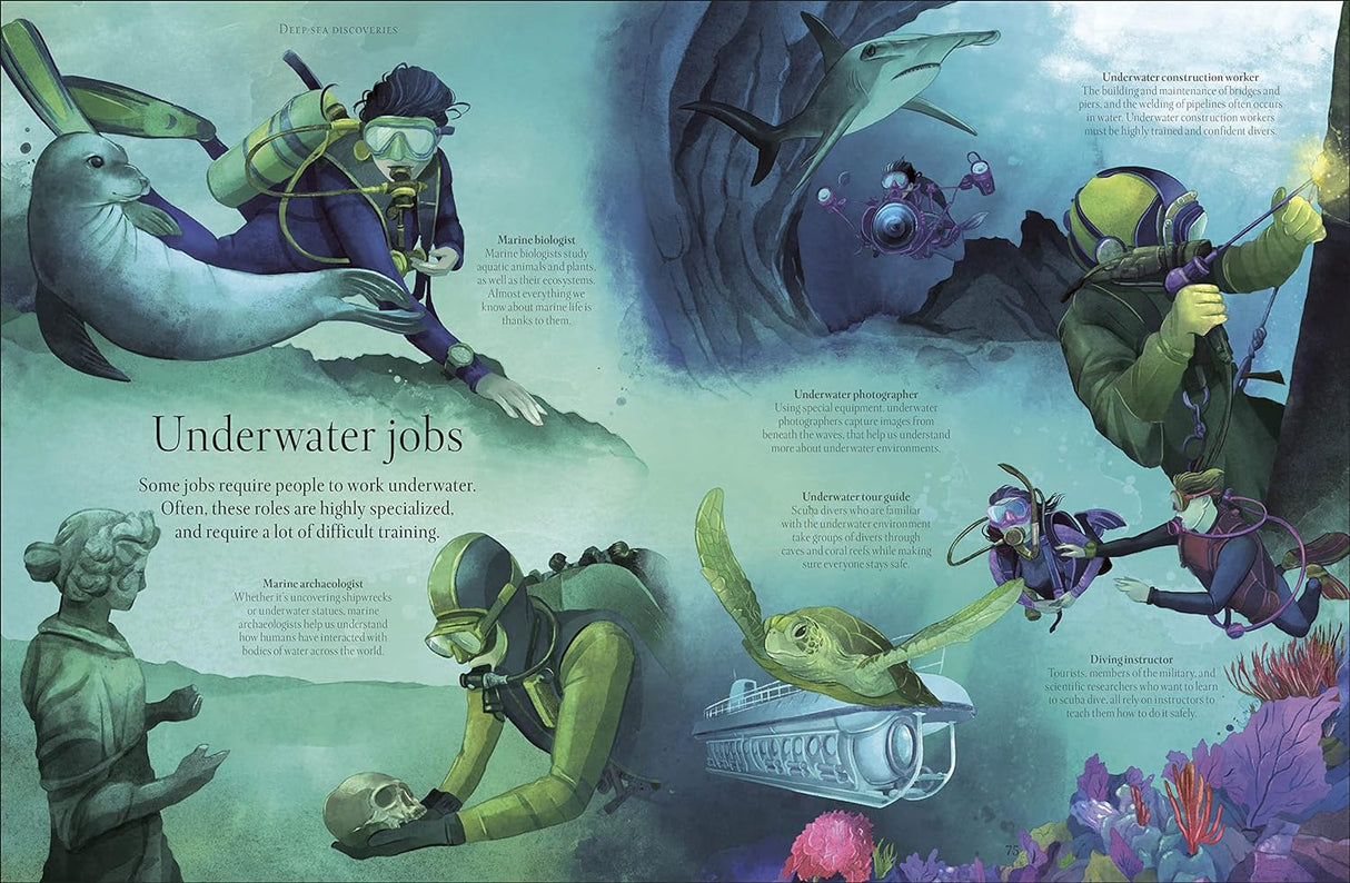 Underwater World - Aquatic Myths, Mysteries, and the Unexplained book showing divers exploring underwater with sea creatures and ancient artifacts.