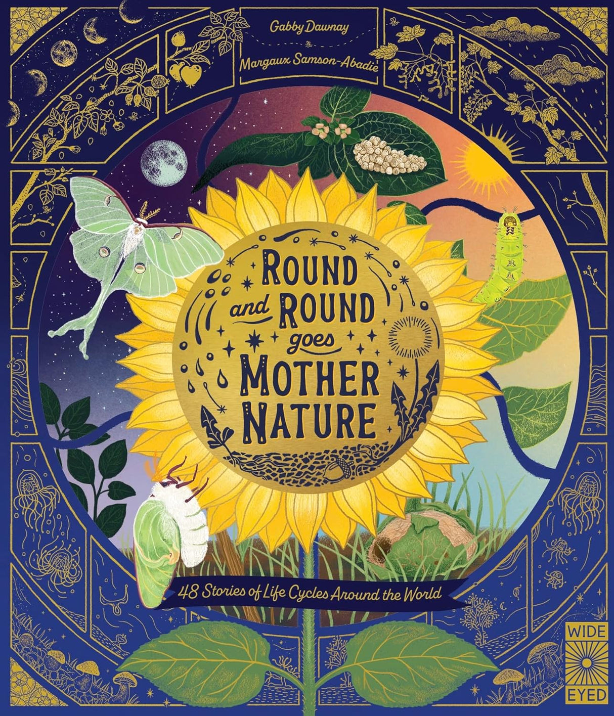 Round and Round Goes Mother Nature book cover showing a sunflower and life cycle illustrations of insects and nature.