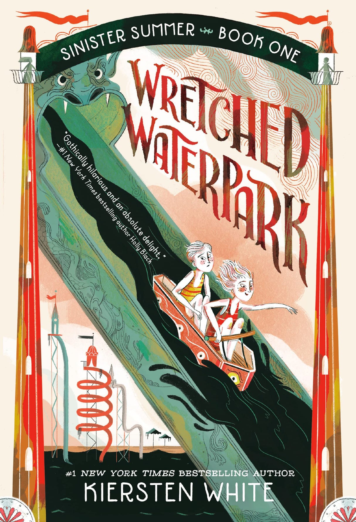 Sinister Summer Book 1: Wretched Waterpark cover shows kids on a dark water slide in a mysterious park setting.