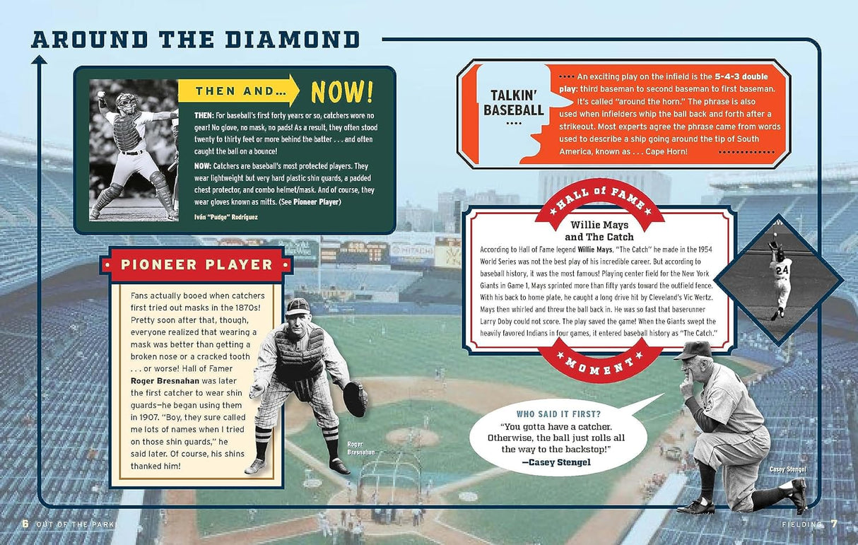 Out of the Park! hardcover baseball book page featuring Hall of Fame players Willie Mays and Roger Bresnahan.