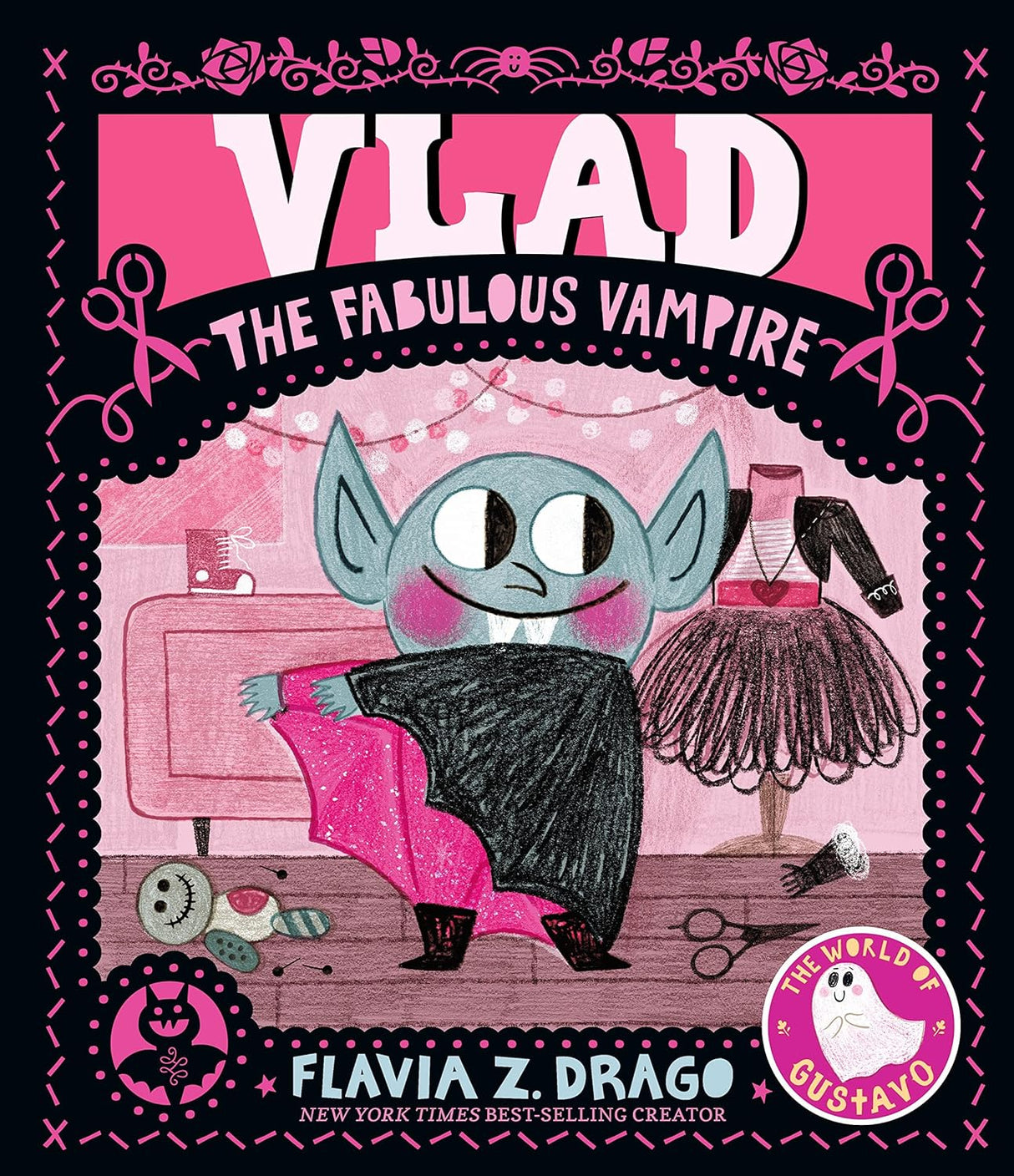 Vlad the Fabulous Vampire book cover showing rosy-cheeked vampire in black cape with clothing and doll in background.