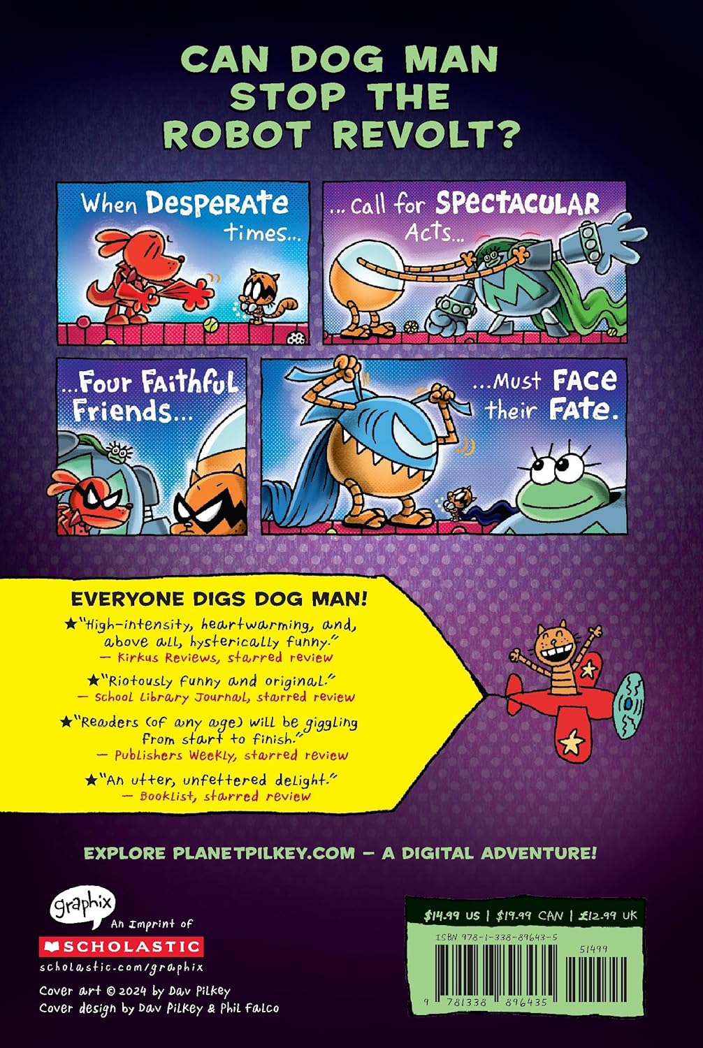Back cover of Dog Man #12: The Scarlet Shedder showing comic panels and robo-themed adventure details.