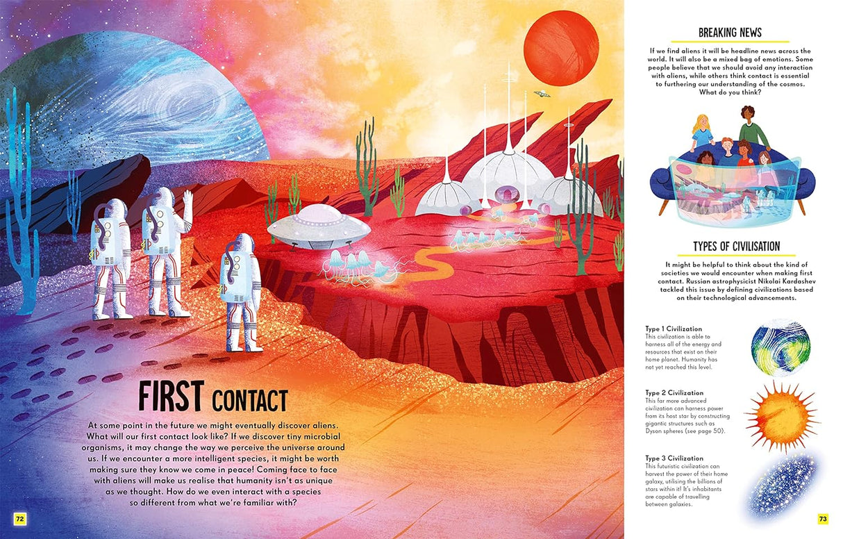 Aliens book illustration showing astronauts exploring a red alien landscape with UFOs and futuristic habitats.