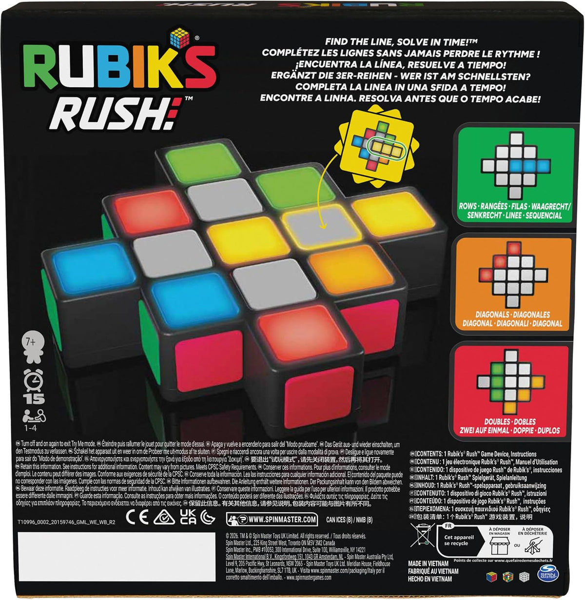 Rubik's Rush colorful cube game packaging with bright red blue yellow and green tiles