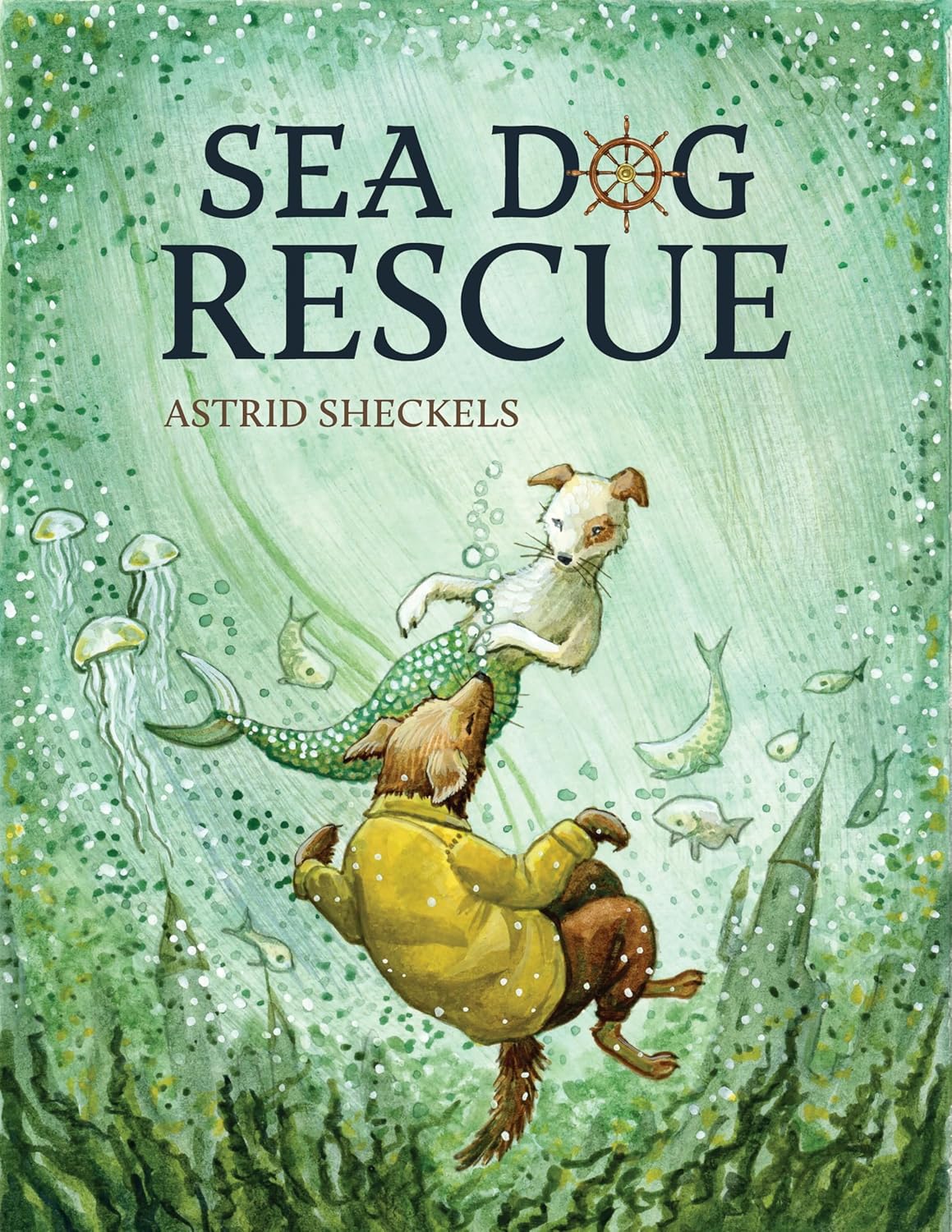 Sea Dog Rescue book cover with a dog in a yellow jacket and a merpup swimming underwater surrounded by fish.