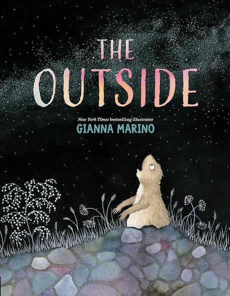 Cover of The Outside showing a small animal looking up at a starry night sky with nature elements around.
