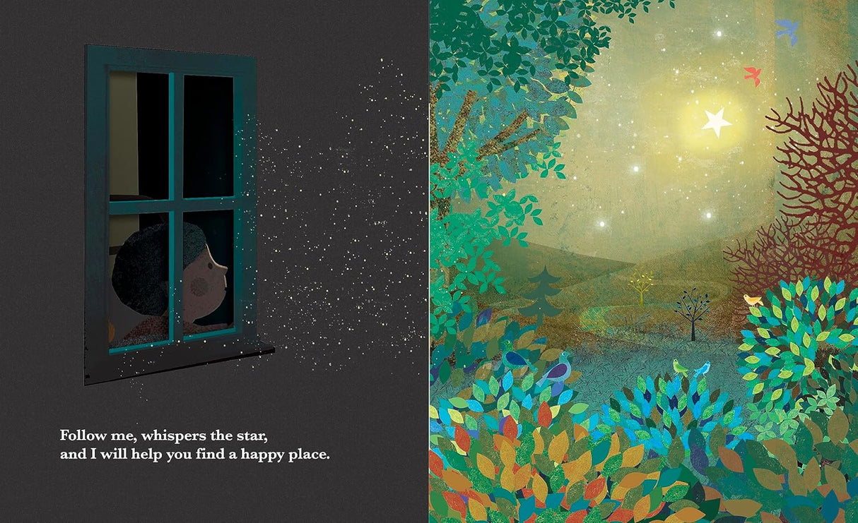 A child looking out a window at a glowing star over a colorful forest in the picture book A Happy Place.