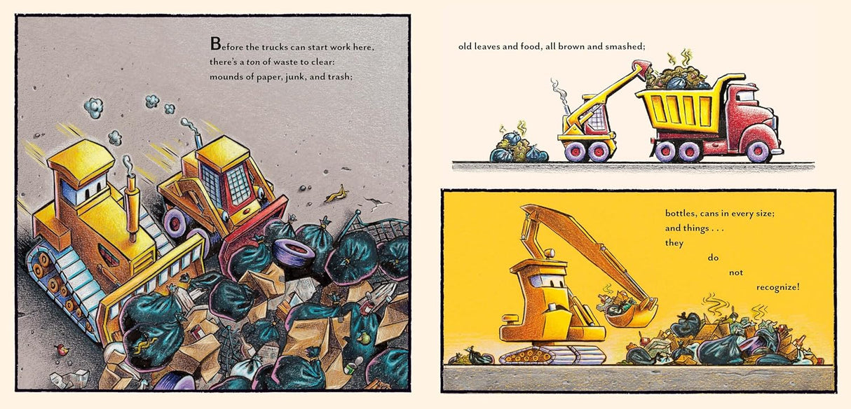 Construction Site: Garbage Crew to the Rescue! showing trucks clearing trash and debris in a neighborhood cleanup.