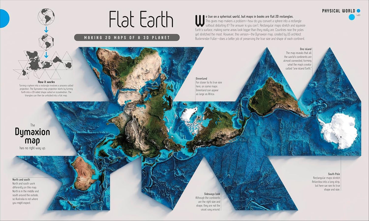 Dymaxion world map showing continents and oceans in a unique flat projection highlighting geography and landforms.