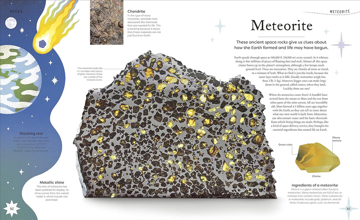 Nature's Treasures showing a detailed meteorite with facts about its origin and composition for young readers.