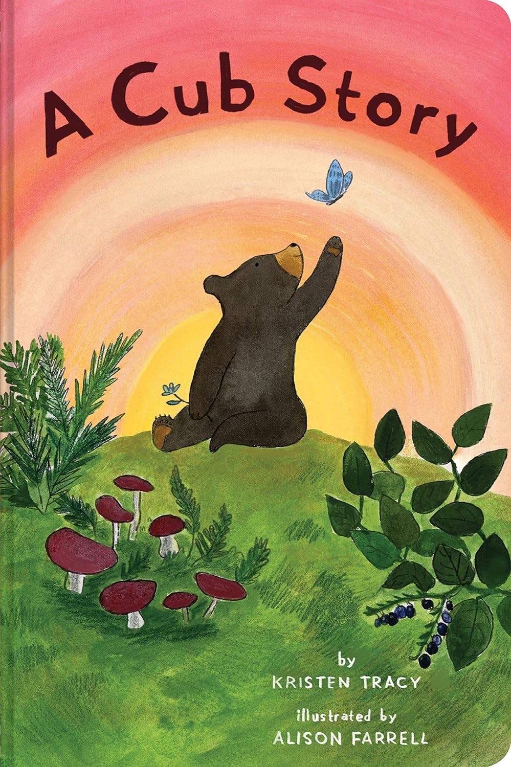 A Cub Story cover shows a playful bear cub reaching for a butterfly at sunset surrounded by mushrooms and plants.