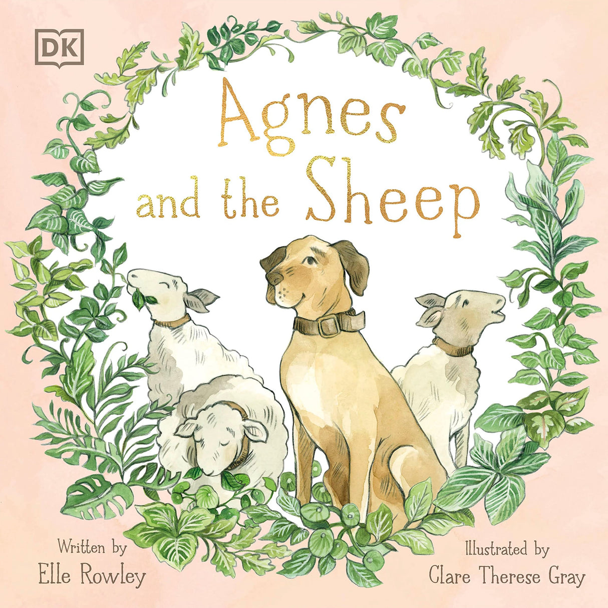 Cover of Agnes and the Sheep showing a Great Dane surrounded by three sheep in a leafy wreath illustration.