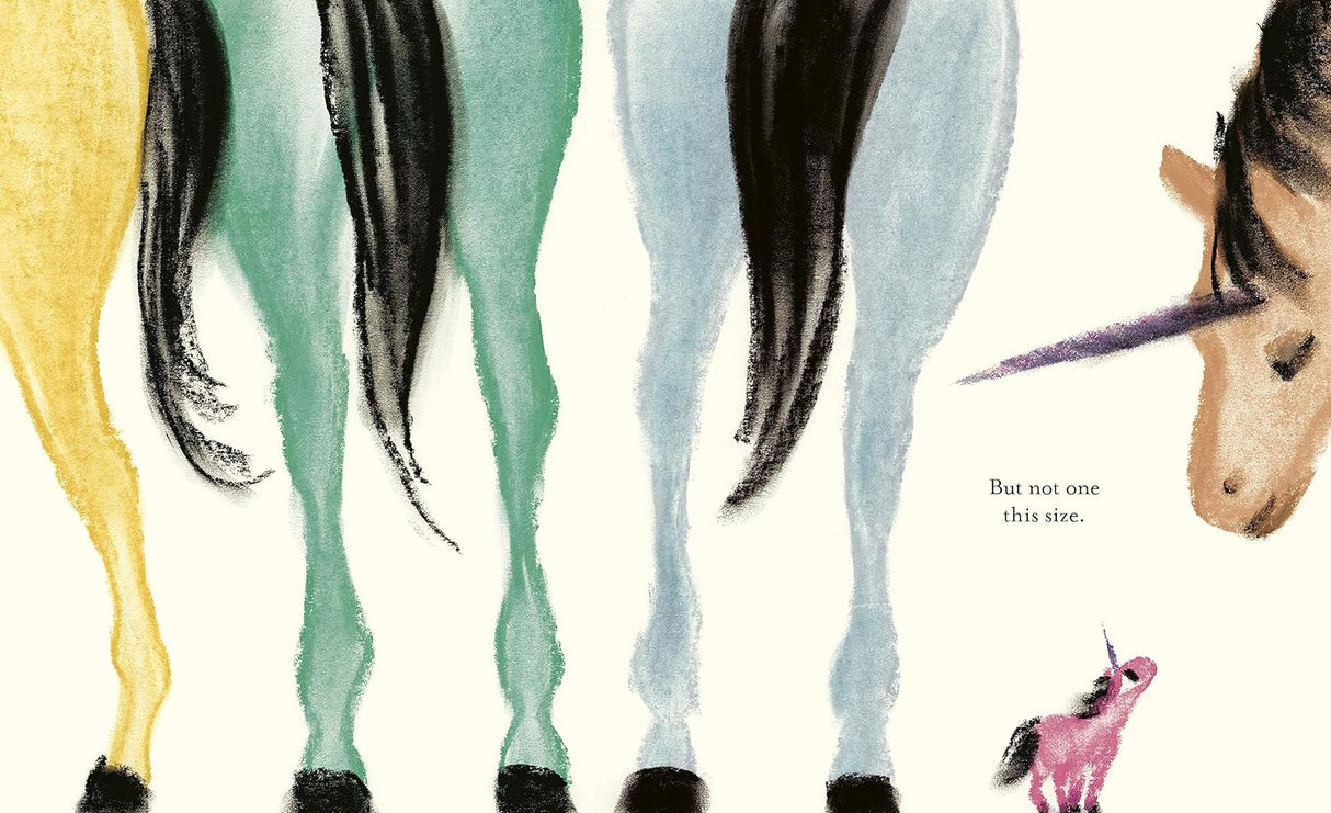 Illustration from The Teeny-Weeny Unicorn showing horse legs and a small unicorn with a purple horn.