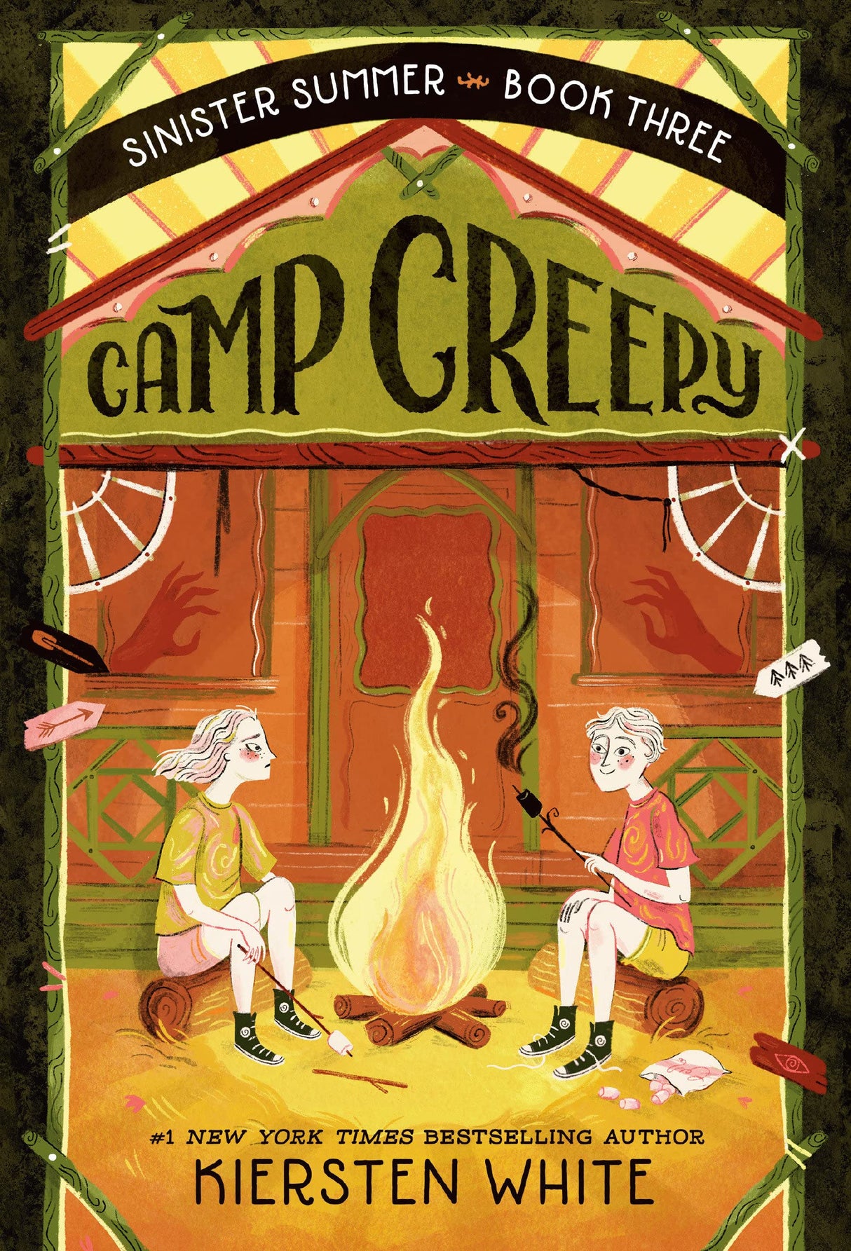 Cover of Sinister Summer Book 3: Camp Creepy showing two kids roasting marshmallows by a campfire in front of a creepy cabin.