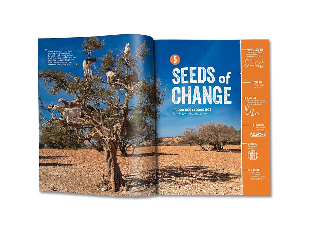 Open book spread from Absolutely Everything! New Edition showing a desert tree and timeline titled Seeds of Change.