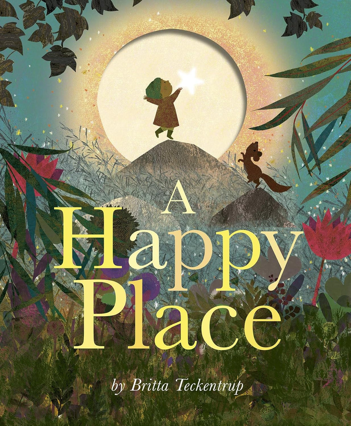A Happy Place book cover showing a child and fox under a glowing moon surrounded by colorful plants and stars.