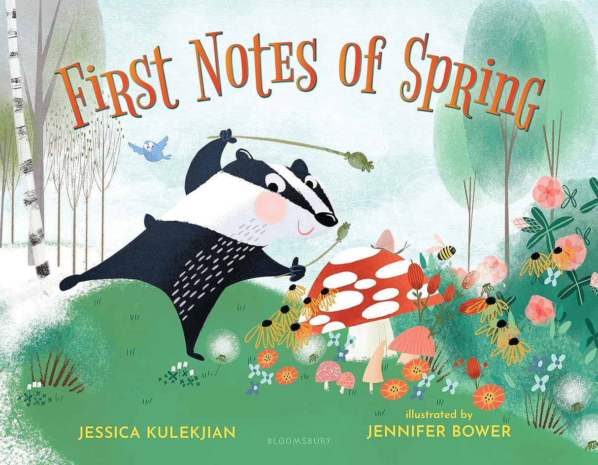 First Notes of Spring book cover with a joyful badger among spring flowers and forest greenery.
