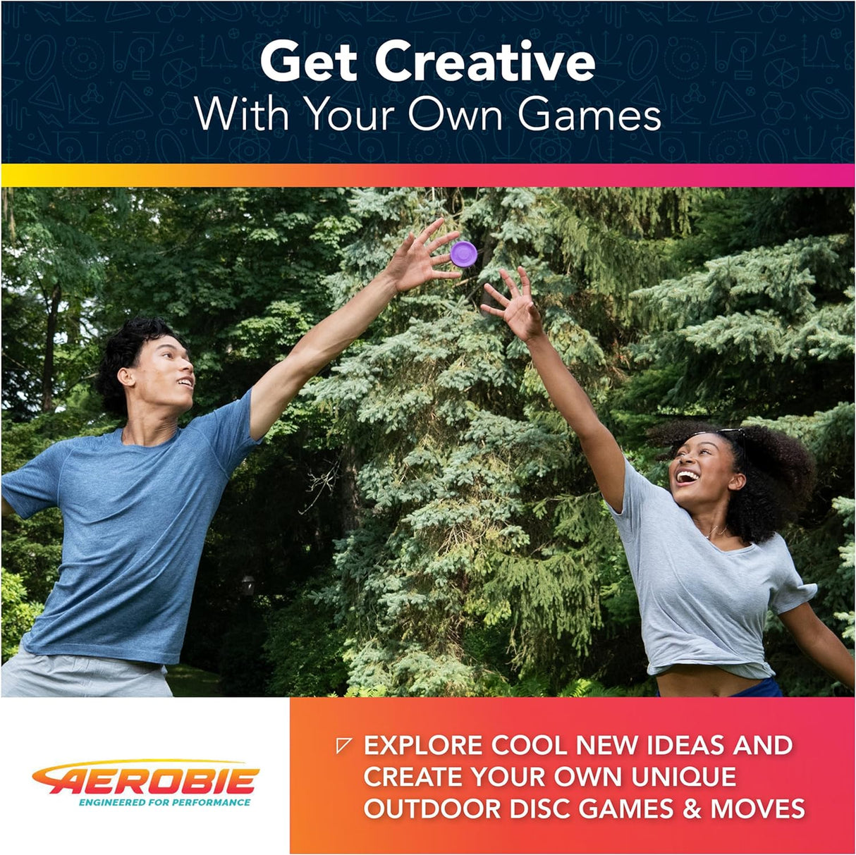 Two people outdoors reaching to catch a purple Aerobie Pro Lite miniature throw disc during a game in the park.