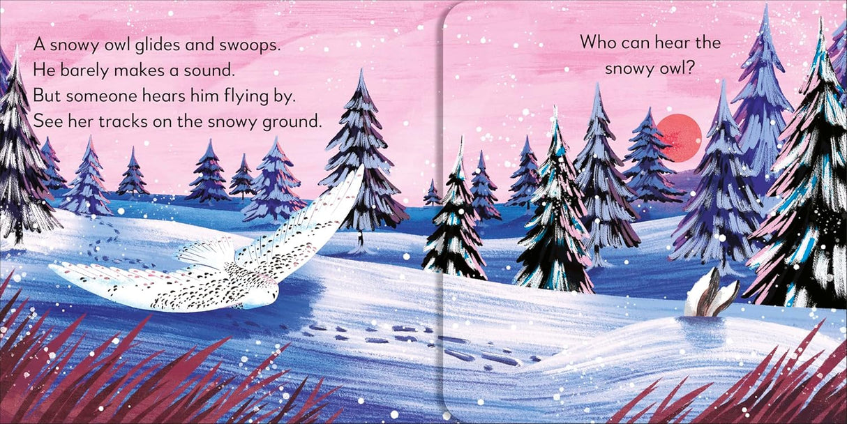 Illustration of a snowy owl flying low over winter forest with footprints in the snow and a rabbit watching.