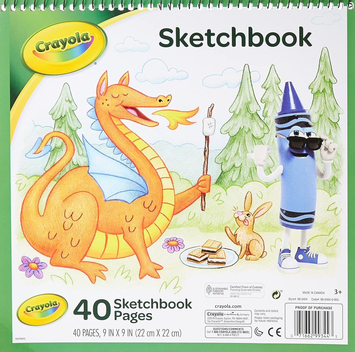Sketchbook 9x9 with 40 pages featuring a colorful dragon and crayon character on the cover, perfect for kids' drawing.