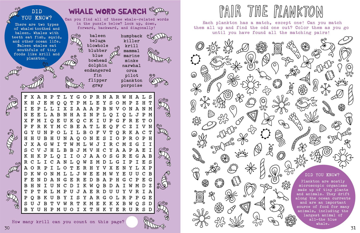 Kids Unplugged Ocean Quest showing ocean-themed word search and plankton matching puzzles for kids.