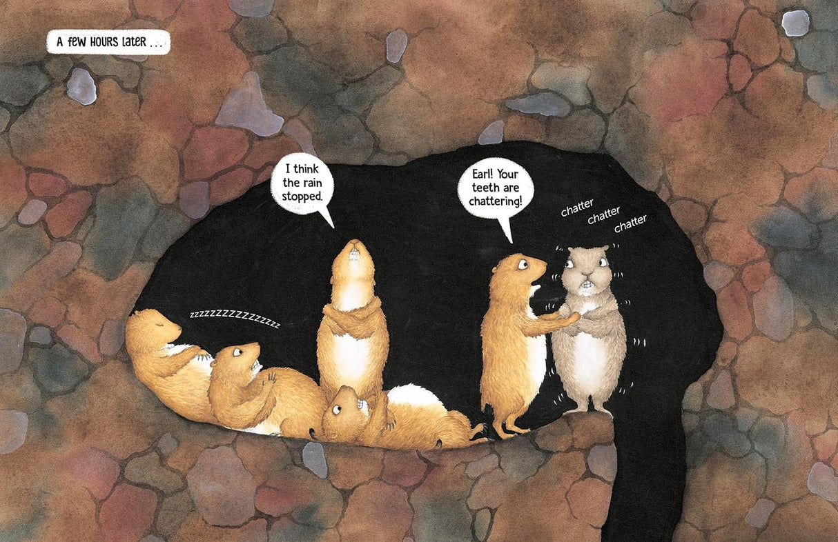 Illustration from The Outside showing animals in a cozy burrow, with one nervously chattering about stepping outside.