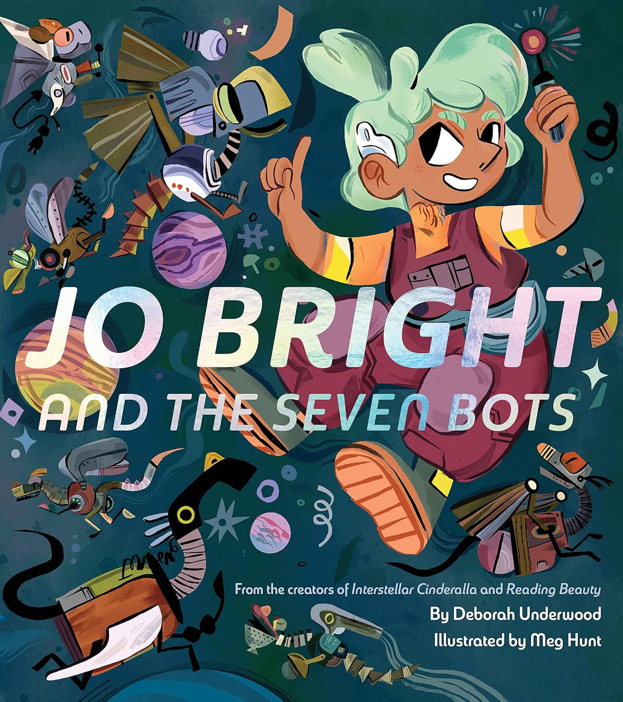 Cover of Jo Bright and the Seven Bots showing Jo Bright with green hair and playful robots around her.