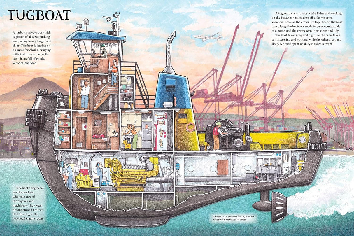 Working Boats book illustration showing a detailed cross section of a tugboat highlighting its inner workings.