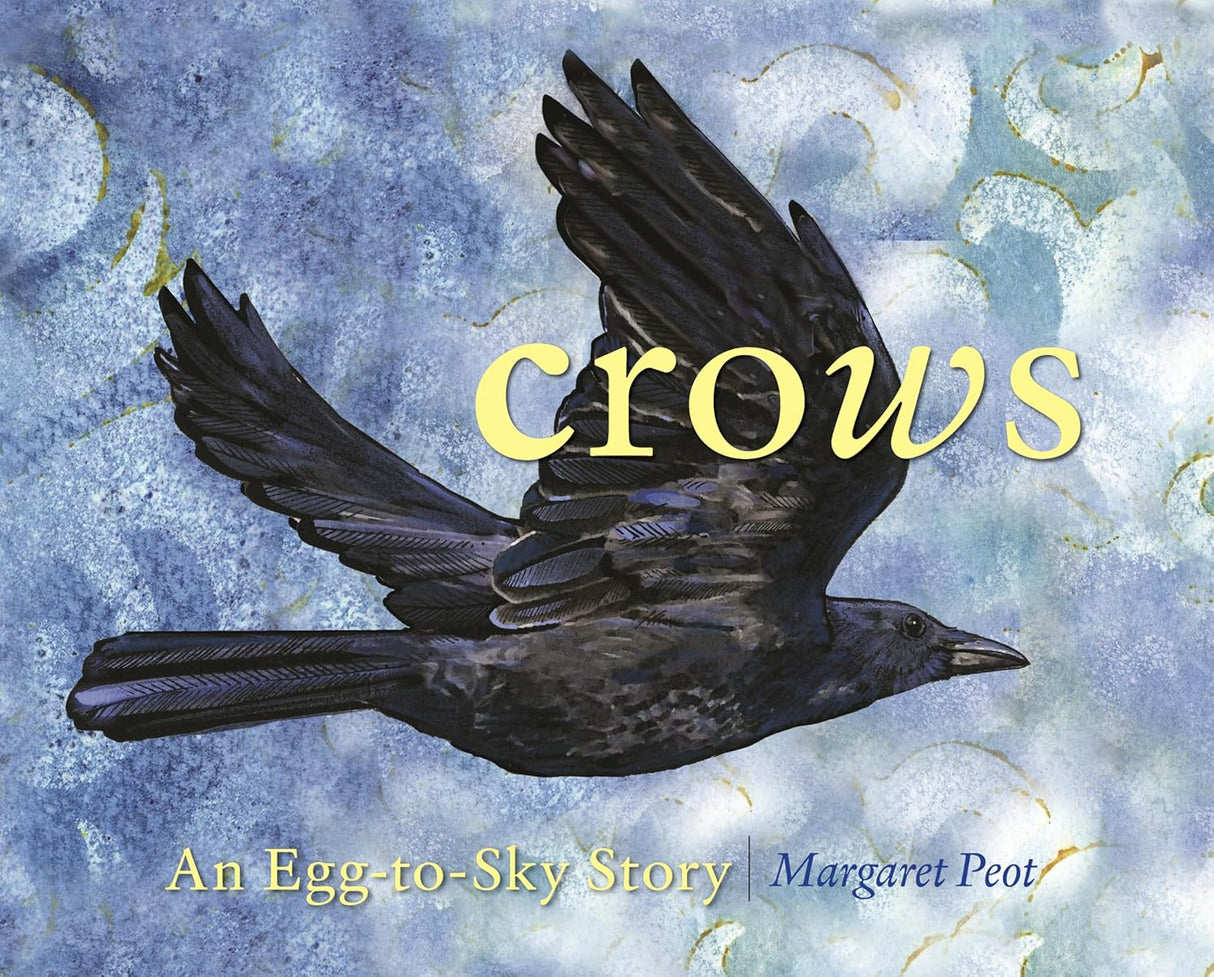 Crows: An Egg to Sky Story book cover showing a detailed illustration of a flying crow against a blue sky background.