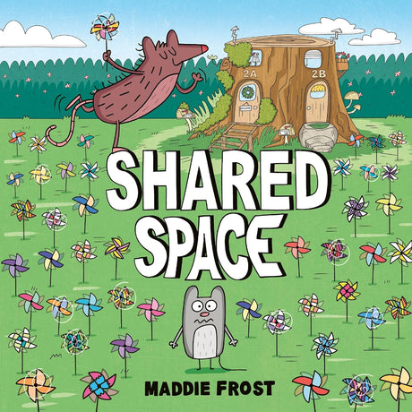 Illustration from Shared Space by Maddie Frost showing Mouse and Pak-Rat near a treehouse surrounded by colorful pinwheels.
