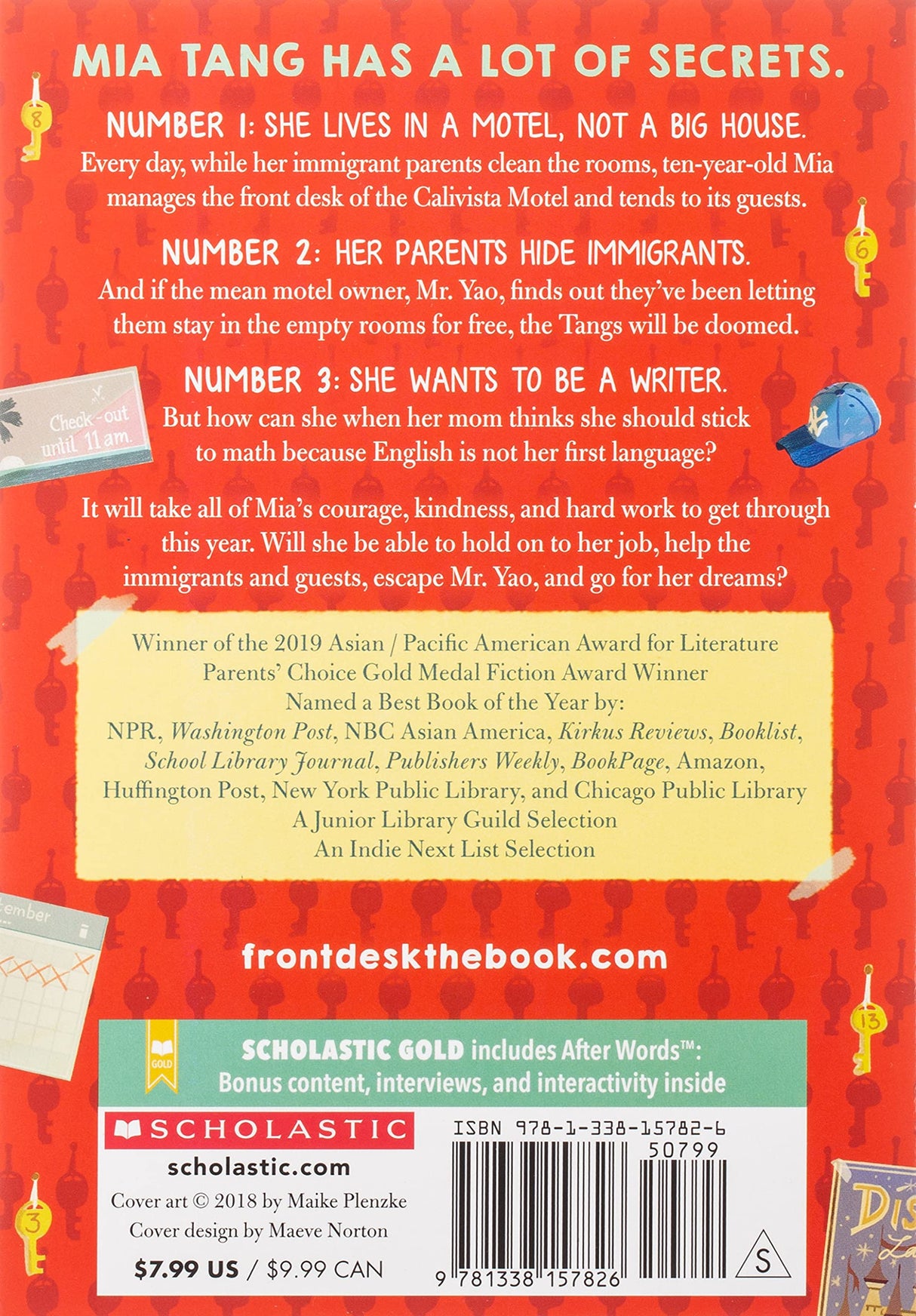 Back cover of Front Desk book showing story summary about Mia Tang and her motel adventures.