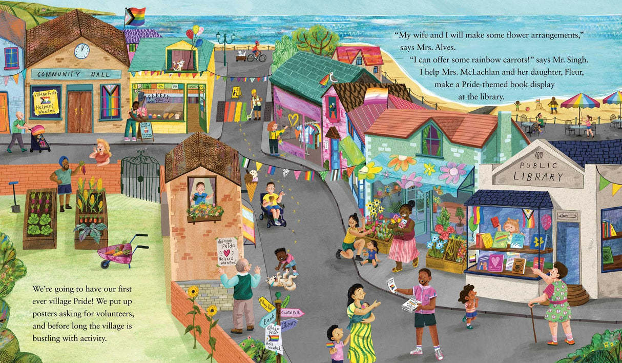 Illustration from Grandad's Pride shows a vibrant town with diverse people preparing for a joyful Pride parade.