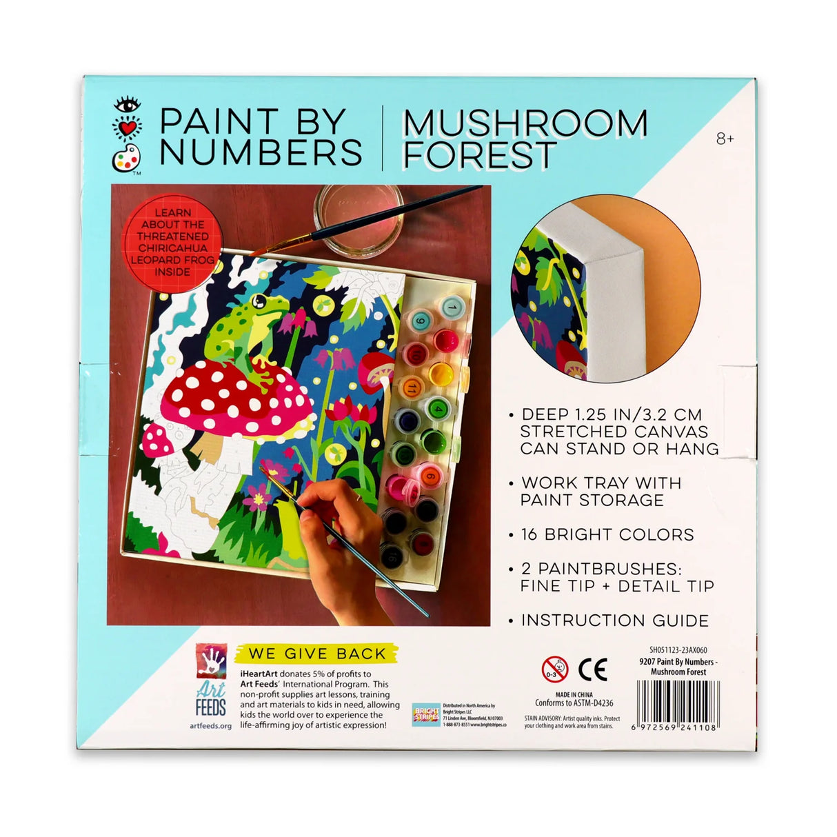 Child painting a colorful chiricahua leopard frog on a mushroom in a vibrant forest scene paint by numbers kit