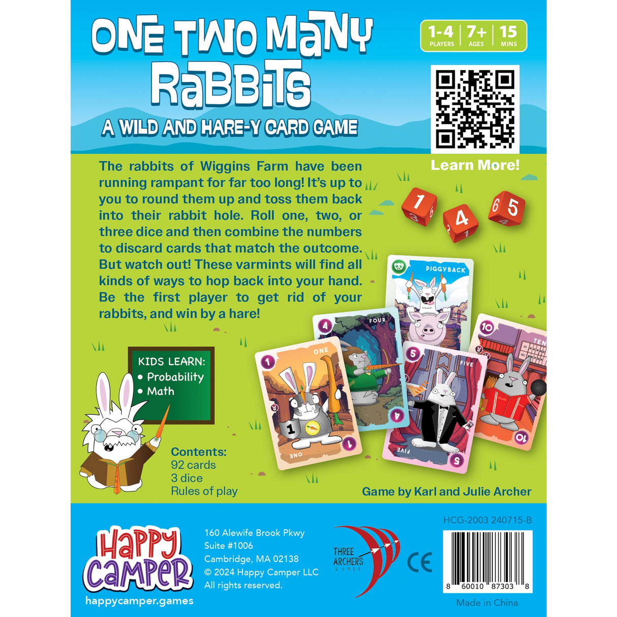 One Two Many Rabbits card game box showing colorful cards, dice, and game details for ages 7+ players.