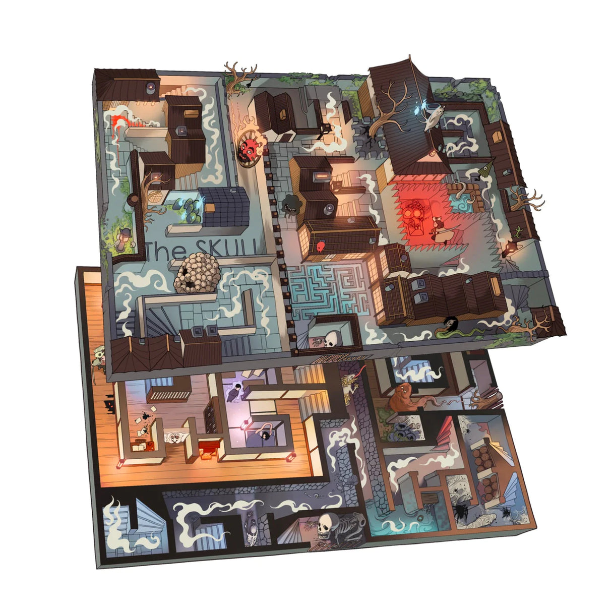 INSIDE 3 Legends - The Skull board game layout showing maze paths, traps, and dark mysterious levels for adventurous players.