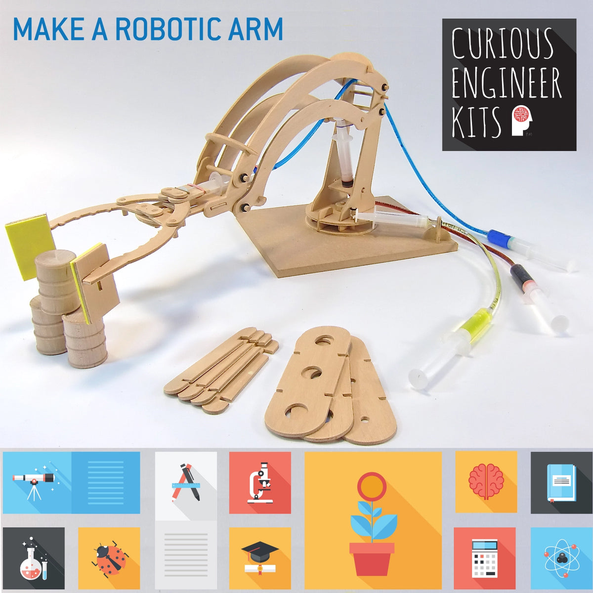 Make a Robotic Arm kit with a wooden mechanical arm syringes and colorful science illustrations