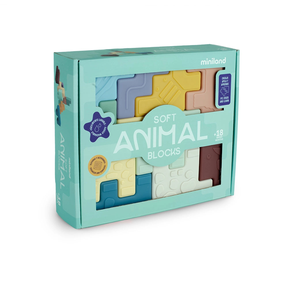 Box of pastel-colored soft animal-shaped blocks made from safe materials for children over 18 months