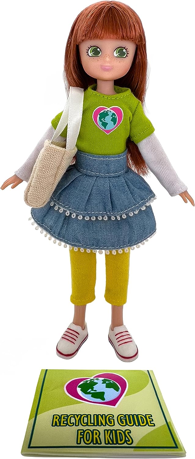 Planet rescuer doll wearing green top with Earth heart, denim skirt, yellow leggings and holding cotton bag with recycling guide book.