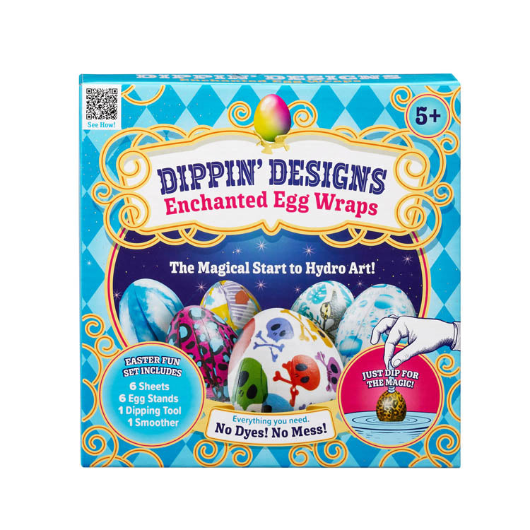Dippin Designs Egg Wraps box showing colorful hydro-dip Easter egg decoration kit for ages 5 and up.