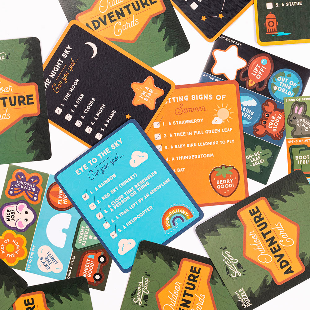 Outdoor Adventure Cards featuring colorful activity and sightseeing cards for kids to explore nature and track progress with stickers.