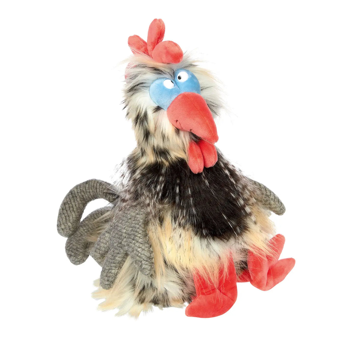 Plush Chicken Tour de Poule with quirky blue face and red comb, soft feathers, perfect for kids 3+ and decoration.