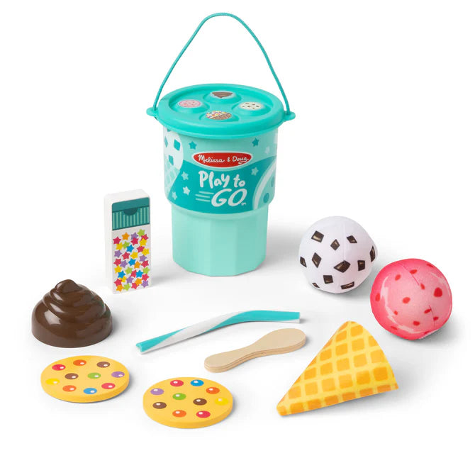 Play to Go Ice Cream Play Set with plush scoops, wooden cookies, felt cone, chocolate sauce, and travel cup with lid.