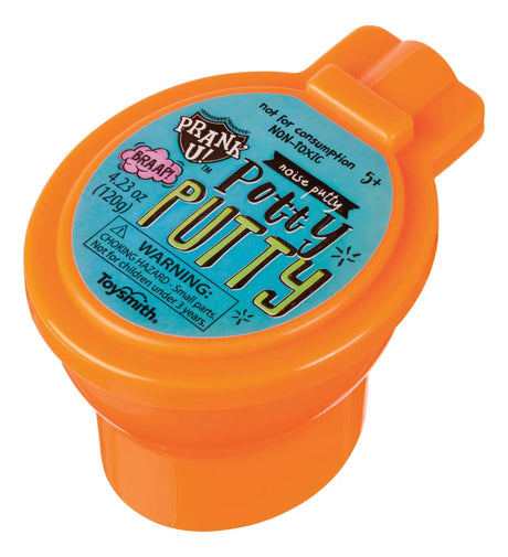 Potty Putty Noise Putty in orange mini commode container, a non-toxic prank slime toy with funny fart sounds.