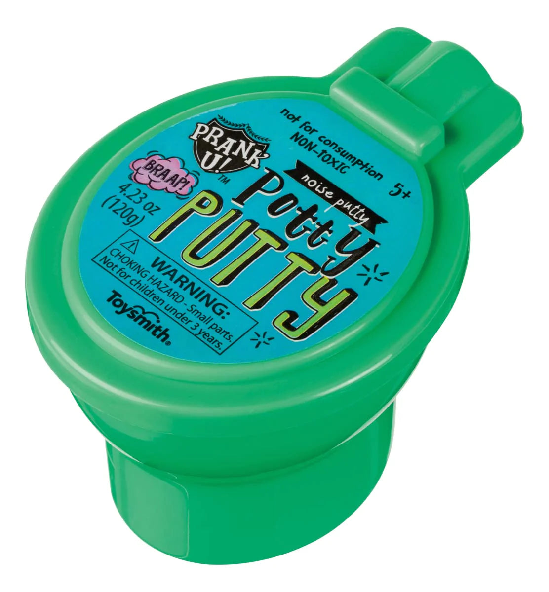 Potty Putty Noise Putty in green resealable container shaped like a mini commode for prank slime fun.